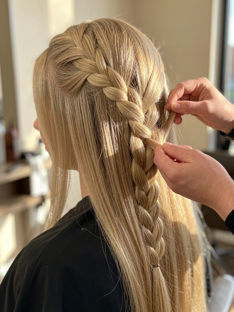Jovem de cabelo loiro recebendo trança francesa feita por mãos de cabeleireira, luz natural suave, fundo neutro desfocado.