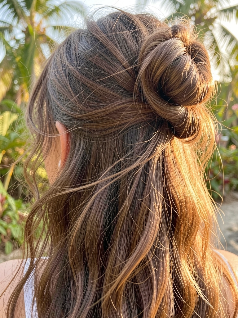 Jovem com cabelo castanho ondulado em coque meio preso, mechas soltas no rosto, luz natural difusa e fundo tropical desfocado.