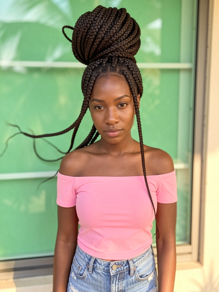 Blusa rosa off-shoulder e jeans desfiados, tranças box braids em coque alto volumoso, janela verde desfocada com luz natural e brisa suave.