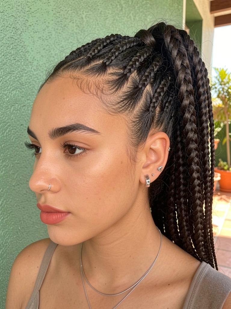 Jovem com cabelo trançado preso em rabo de cavalo alto, brincos e colar de prata, maquiagem natural com batom coral, fundo de parede verde texturizada e varanda ensolarada.