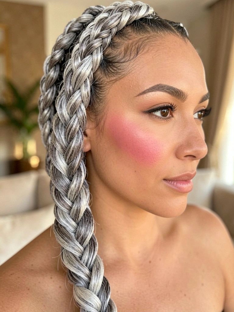 Trança grossa de cabelo grisalho prateado em mulher, luz natural quente, fundo neutro desfocado.