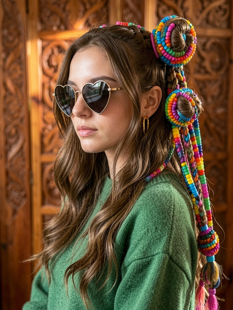 Mulher de cabelo com tranças e contas coloridas, suéter verde e óculos coração, fundo de madeira esculpida com iluminação suave.