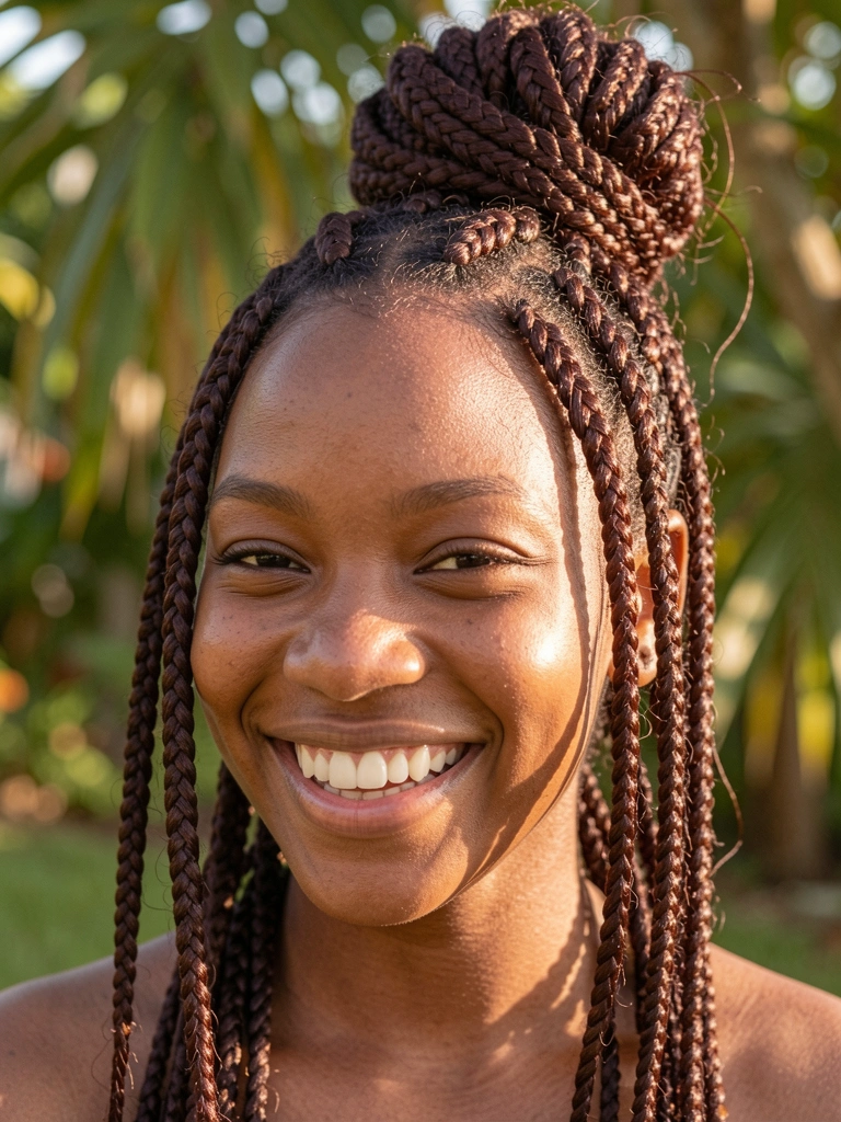 Jovem negra com tranças grossas em coque meio preso, sorrindo com luz natural filtrada e fundo suave.