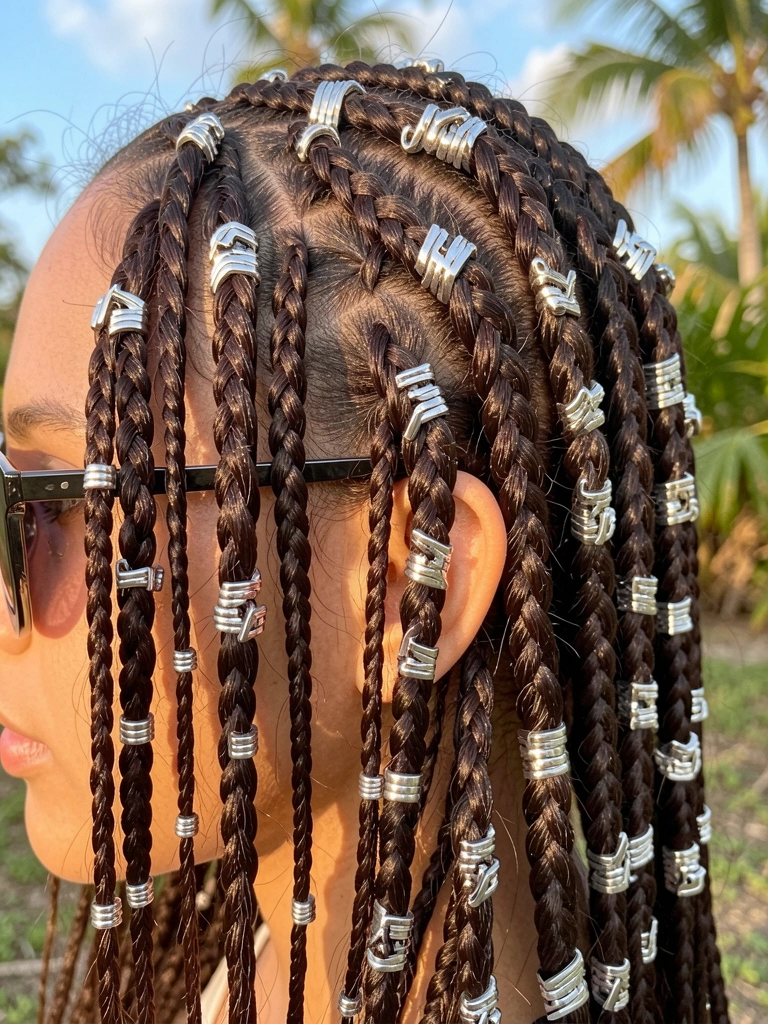 Tranças apertadas com acessórios metálicos prateados, fios de cabelo texturizados, luz natural e folhagem tropical desfocada ao fundo.