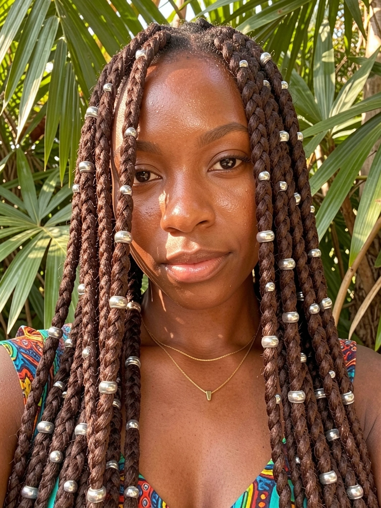 Jovem negra com tranças grossas e miçangas prateadas, colar de ouro e blusa estampada, luz natural filtrada por folhagens