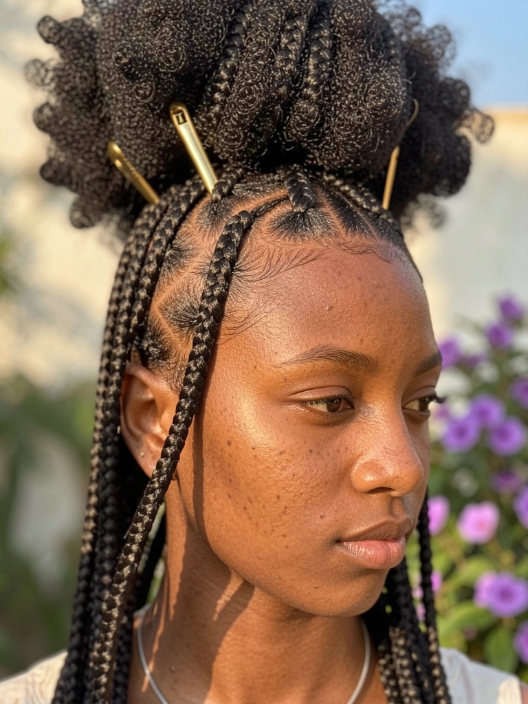 Tranças box braids com afro puff volumoso, presilhas douradas, pele com poros e sardas, colar de prata, flores roxas desfocadas ao fundo.