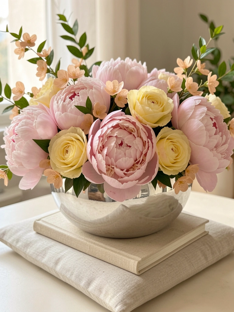 Arranjo abundante de peônias blush, rosas cremosas e flores pêssego em tigela de prata polida sobre livro bege texturizado e almofada de linho clara, luz natural suave.