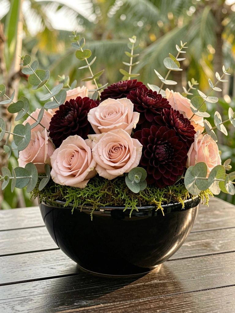 Rosas blush, dálias vinho e eucalipto em tigela preta brilhante sobre musgo, mesa de madeira escura com luz natural suave.