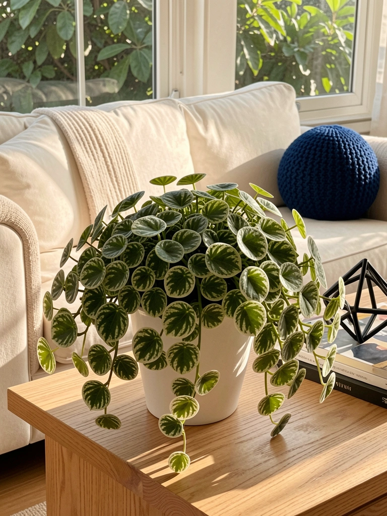 Folhagem de peperomia verde e branca em vaso branco sobre mesa de madeira clara, com bola de malha azul e livros de arte no sofá creme, luz natural incidindo da janela.