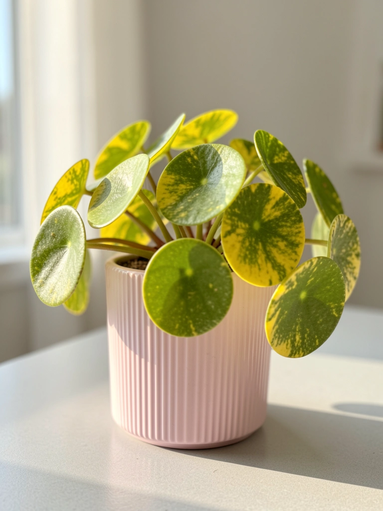 Pilea peperomioides variegada em vaso cerâmico pink claro texturizado sobre superfície cinza clara, luz natural suave.