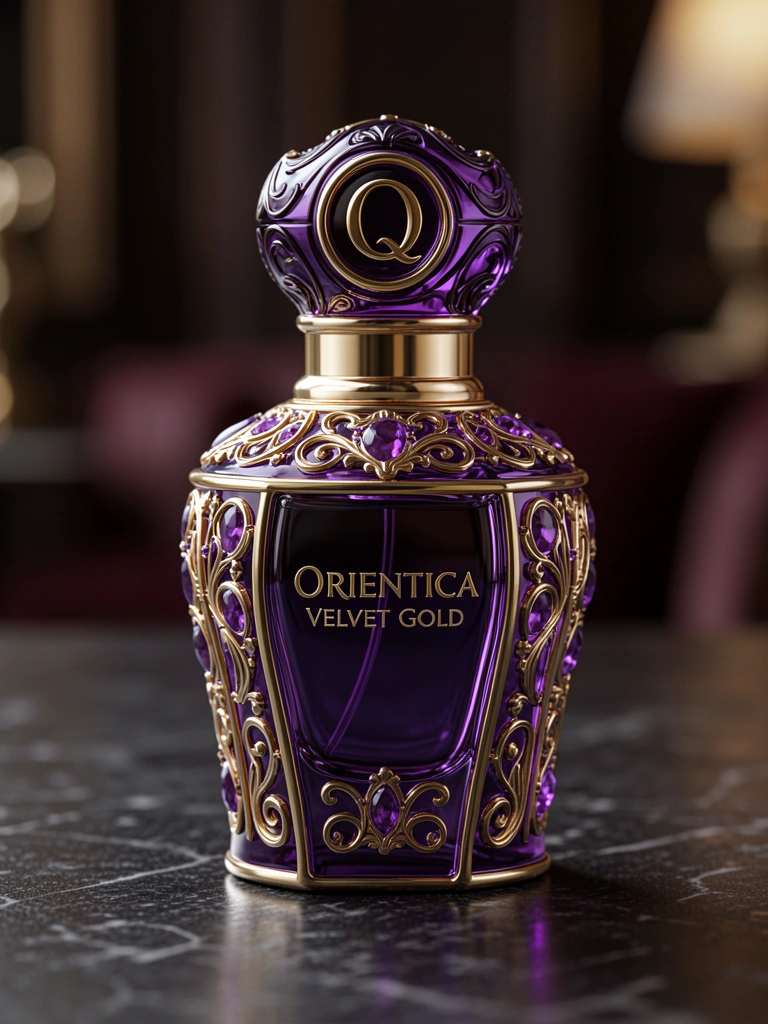 Frasco de vidro roxo escuro com filigrana dourada e tampa ornamentada com emblema 