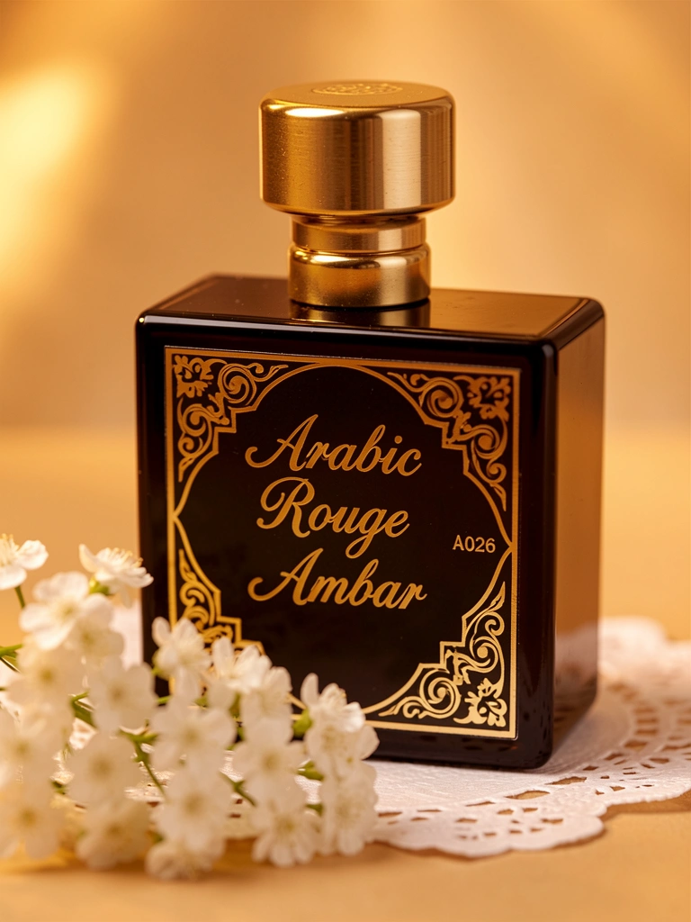 Frasco de perfume escuro com tampa dourada e detalhes ornamentais, sobre pequena toalha de renda branca, com flores brancas em primeiro plano e iluminação âmbar.