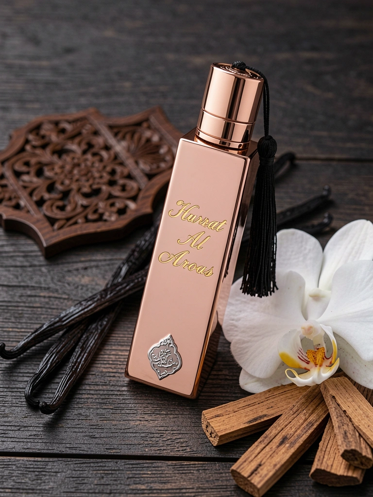Frasco retangular de perfume rose gold sobre superfície escura texturizada, cercado por vagens de baunilha, orquídea branca e sândalo; luz difusa destaca detalhes.
