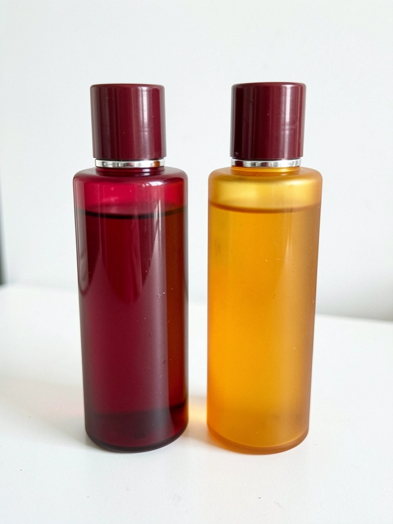 Frasco de perfume âmbar sobre superfície de mármore branco, com luz suave vinda da esquerda