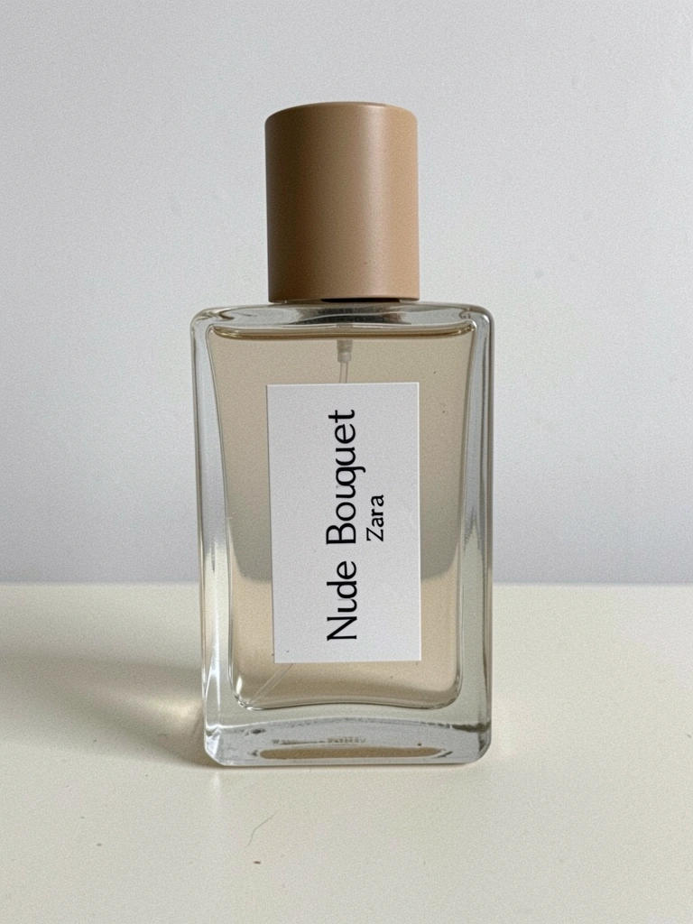 Frasco de perfume âmbar sobre superfície de mármore, com luz suave vinda da janela ao fundo.