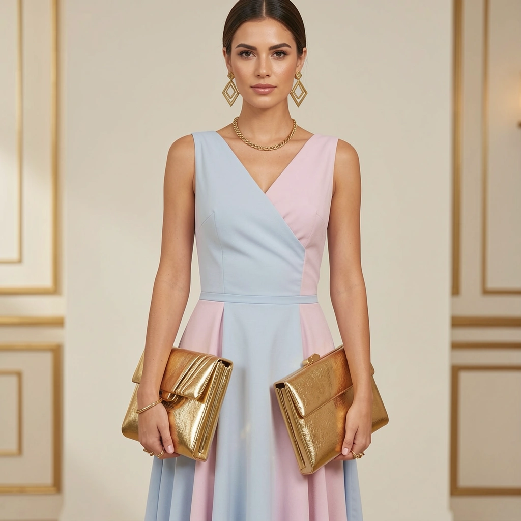 Vestido pastel com clutch metálica dourada e brincos geométricos, iluminação suave.