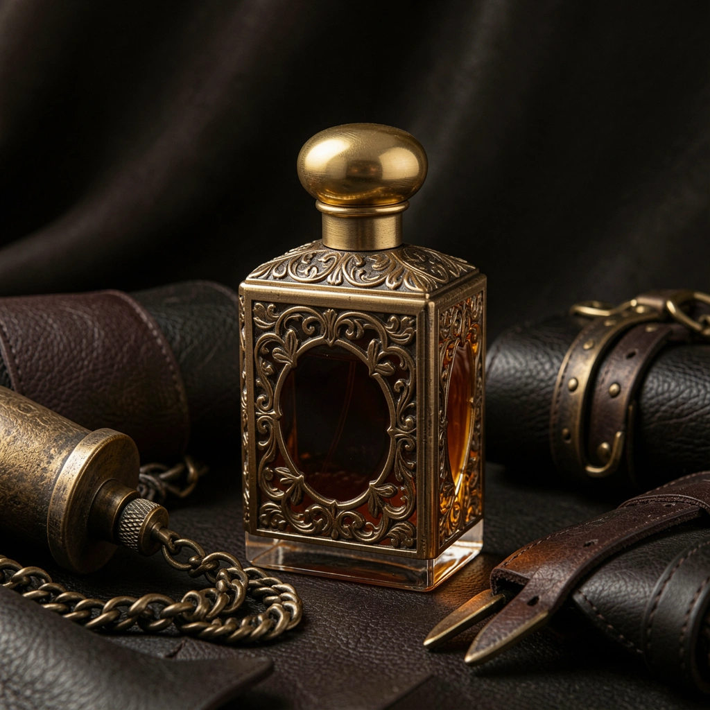 Frasco de vidro âmbar com detalhes em dourado envelhecido e iluminação suave destacando texturas.