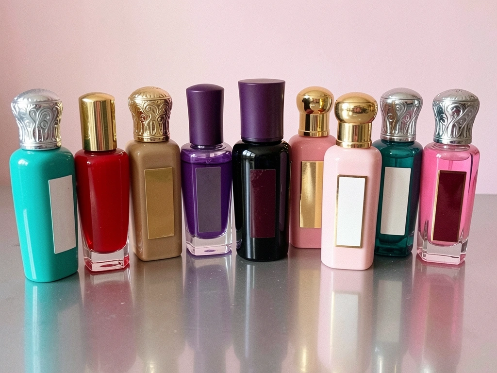 Detalhe do frasco de perfume importado sobre superfície de mármore
