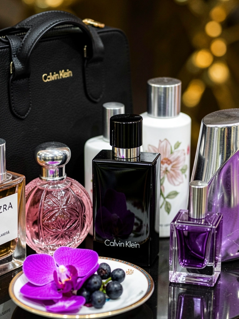 Frascos de perfume preto, rosado e branco com detalhes metálicos sobre superfície dourada, orquídeas roxas e bagas escuras em primeiro plano.