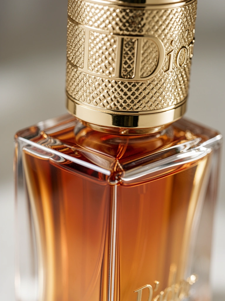Frasco de vidro transparente com gargalo dourado texturizado e líquido âmbar, iluminado por luz suave.