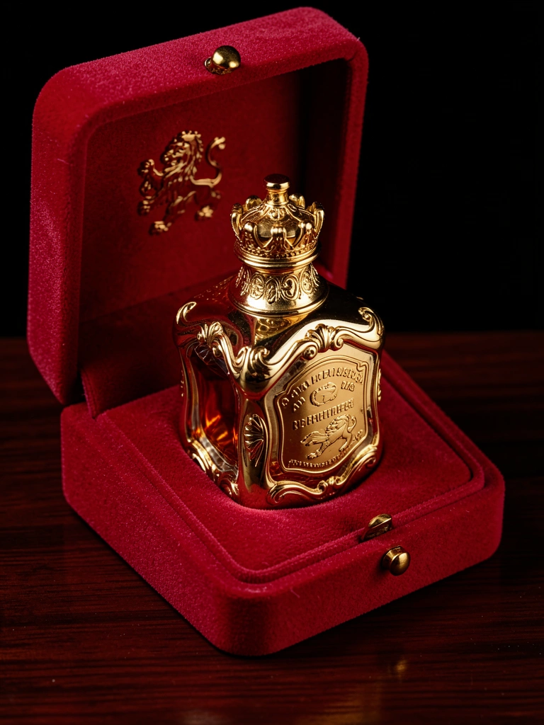 Frasco de perfume dourado com líquido âmbar dentro de caixa de veludo vermelha, tampa em formato de coroa e emblema de leão em relevo, iluminação dramática sobre fundo preto.