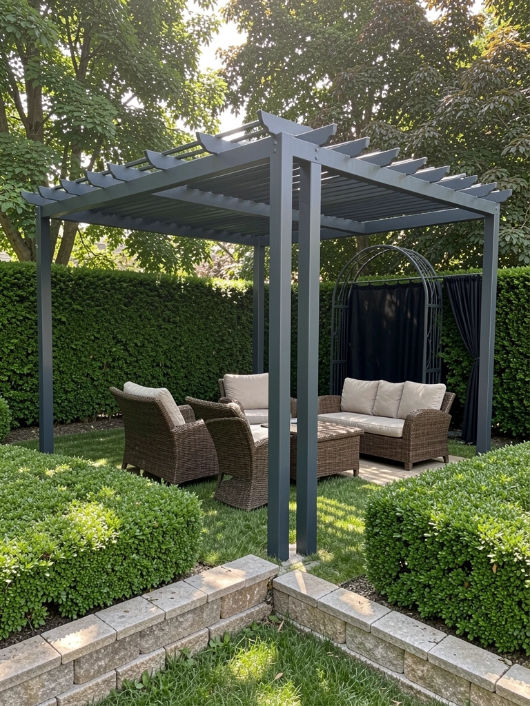 Pérgola de metal cinza escuro com sofá e poltronas de vime marrom, grama verde e luz filtrada por árvores.
