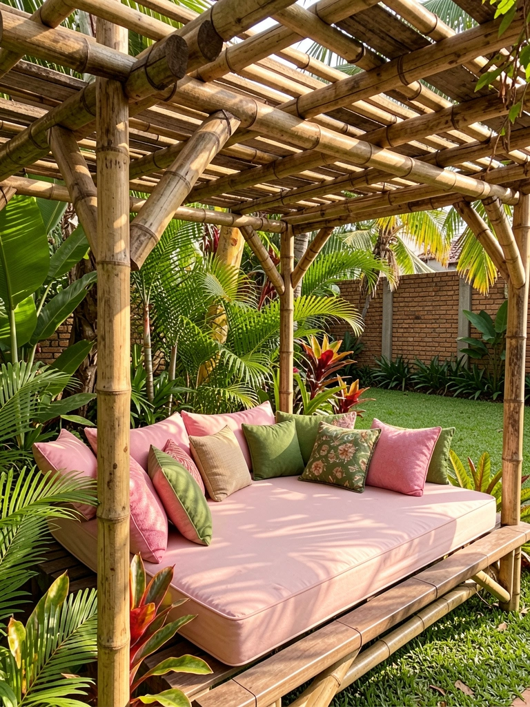 Pérgola rústica de madeira com bambus e colchão almofadado em rosa e verde, luz natural filtrada por folhagens tropicais.