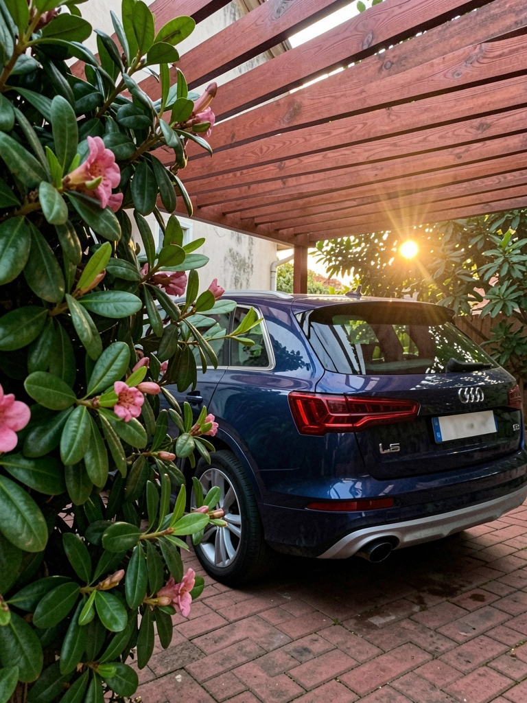 Carro estacionado sob estrutura de pergolado de madeira, com luz solar ao fundo.