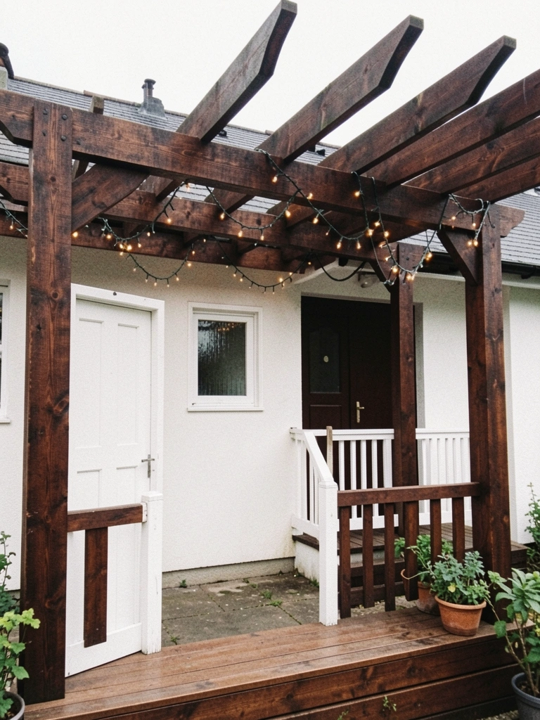 Pergolado de madeira com luminárias pendentes e plantas trepadeiras na entrada de uma casa.