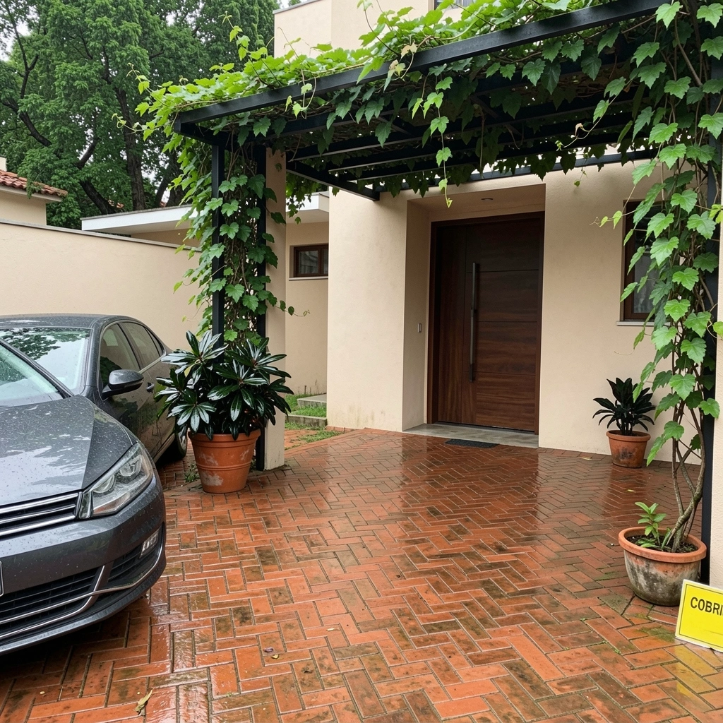 Pergolado metálico preto em frente a casa moderna com linhas retas e fachada clara.