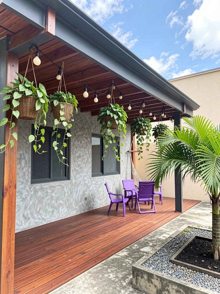 Pergolado de madeira com plantas pendentes e luminárias penduradas, criando um ambiente acolhedor.