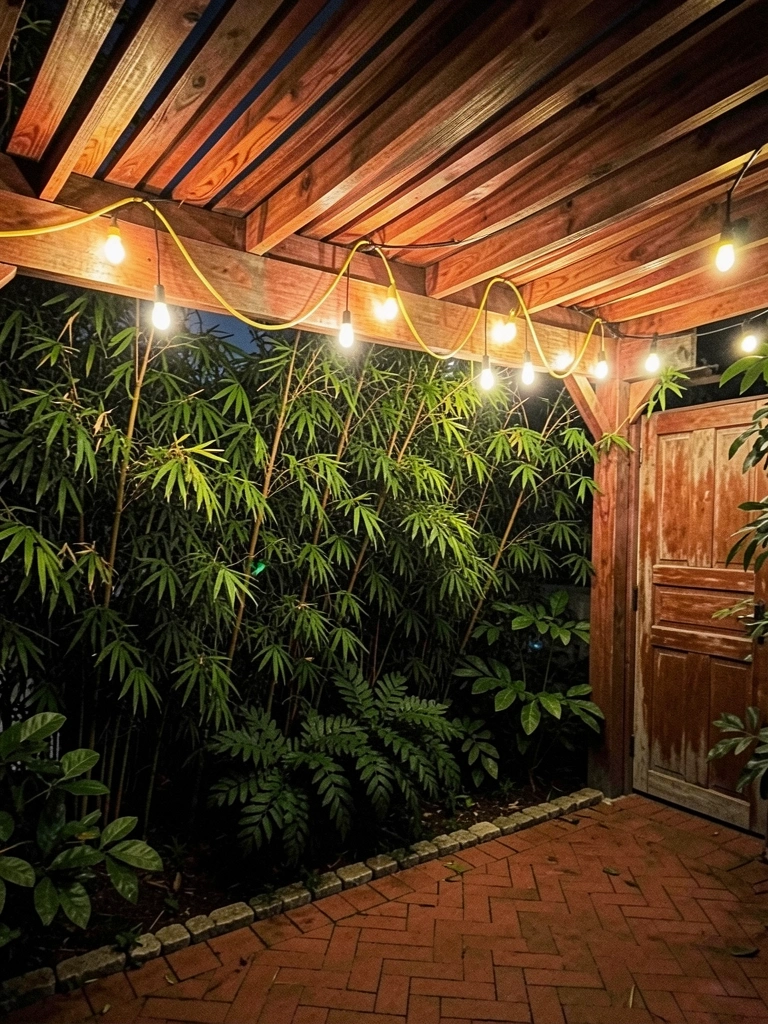 Luzes amarelas tipo corda penduradas em um pergolado de madeira à noite.