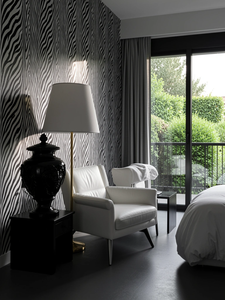 Luminária preta ornamentada com cúpula branca ao lado de poltrona de couro branco e criado-mudo preto, papel de parede zebra ao fundo e luz natural entrando pela janela.