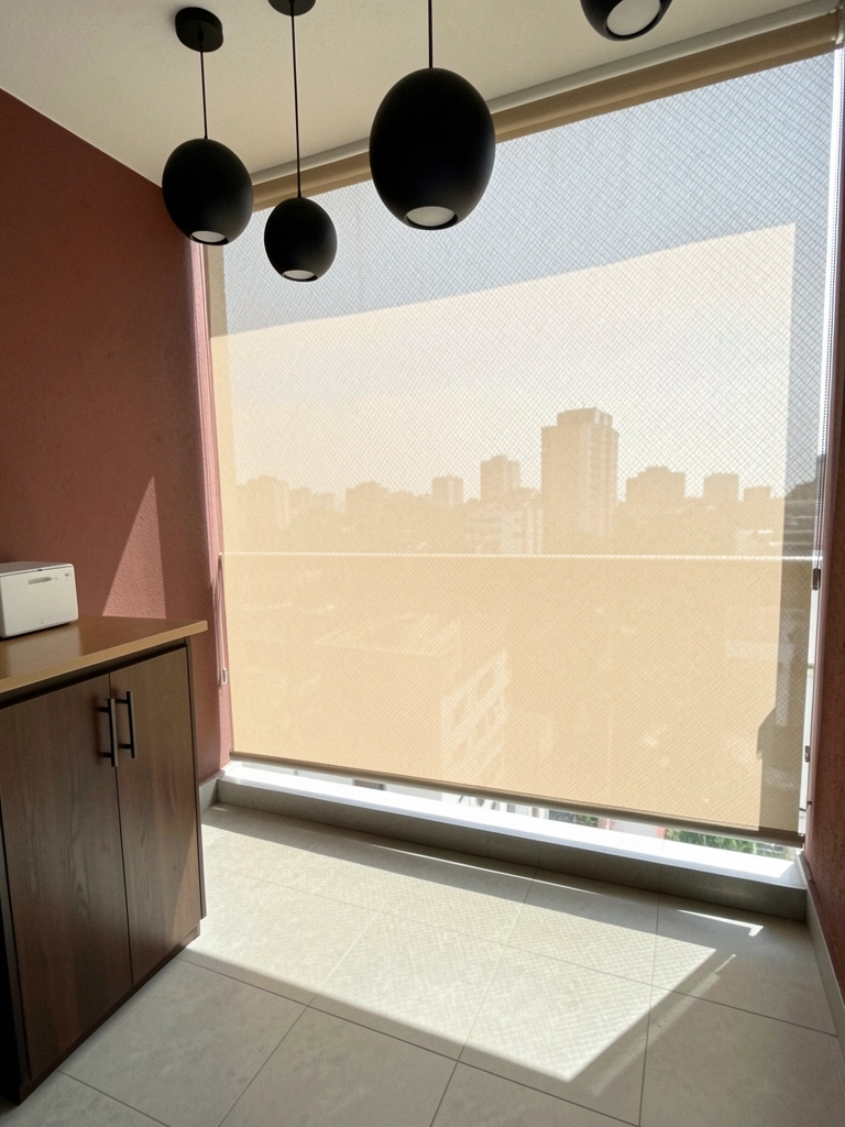 Persiana rolô tela solar instalada em varanda, com vista urbana ao fundo.