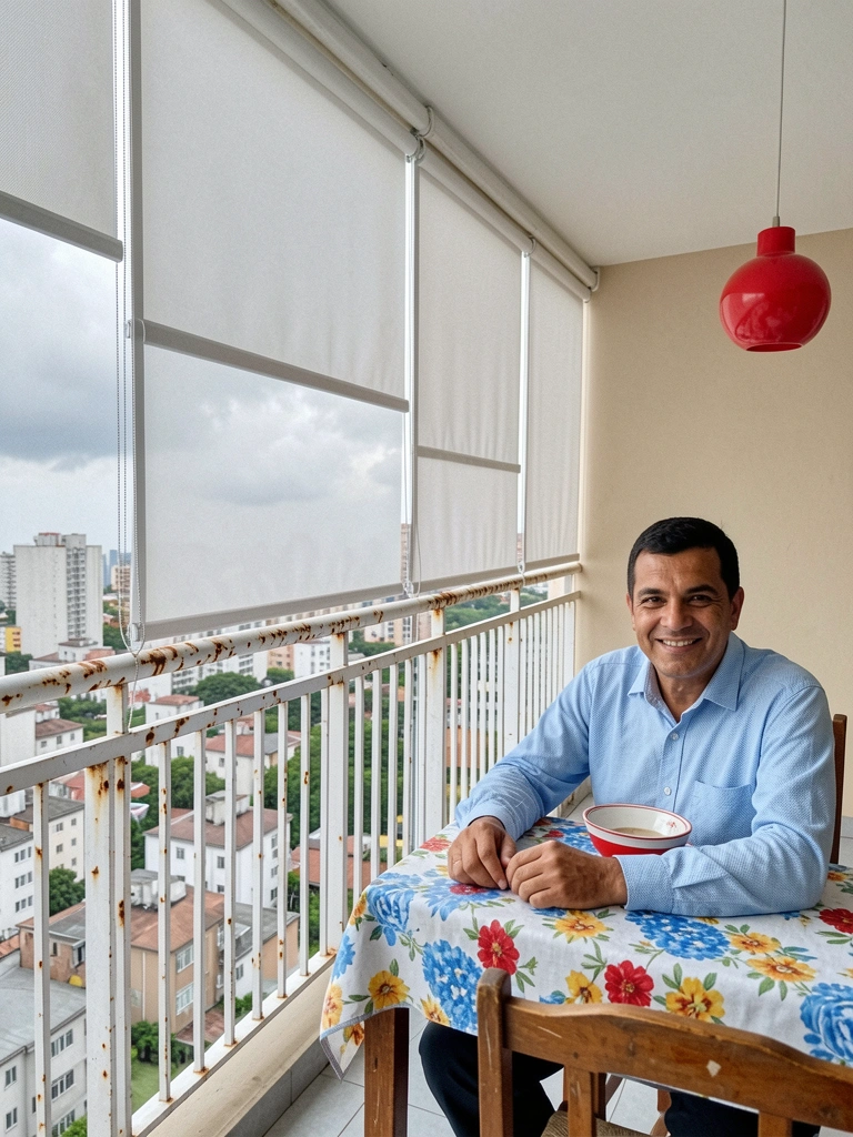 Varanda aberta à esquerda e fechada com persianas à direita, em contraste.