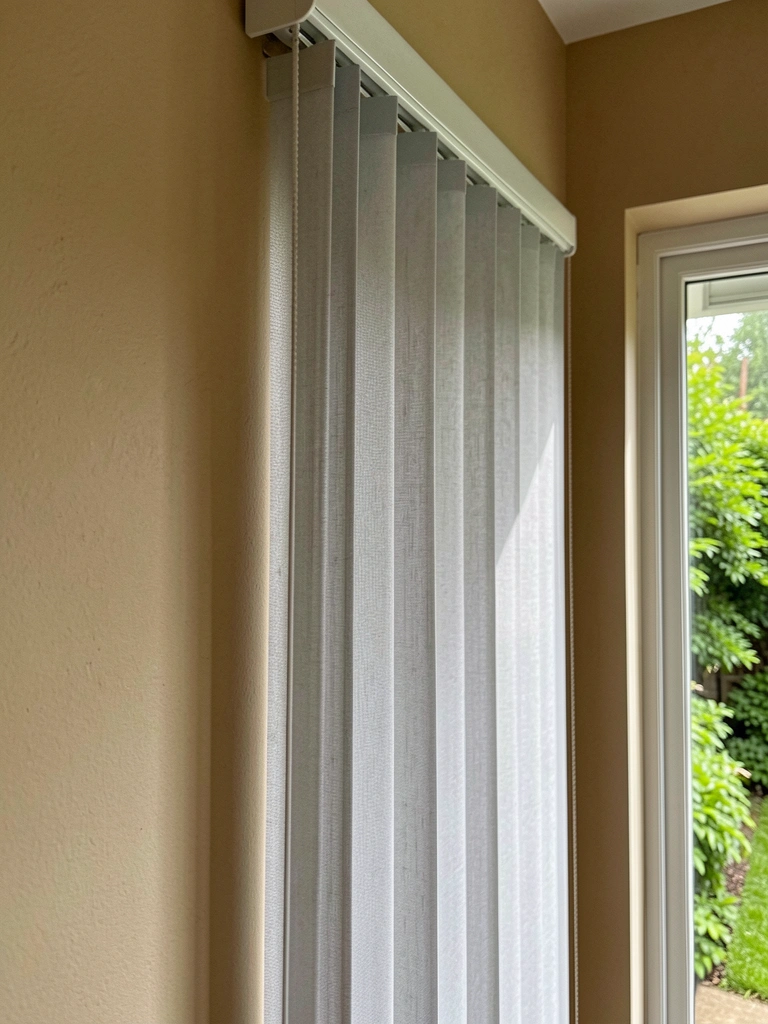 Textura de persiana vertical de tecido cinza claro com dobras verticais, montada em trilho, sombra projetada na parede bege, porta de vidro com jardim ao fundo e luz natural difusa.