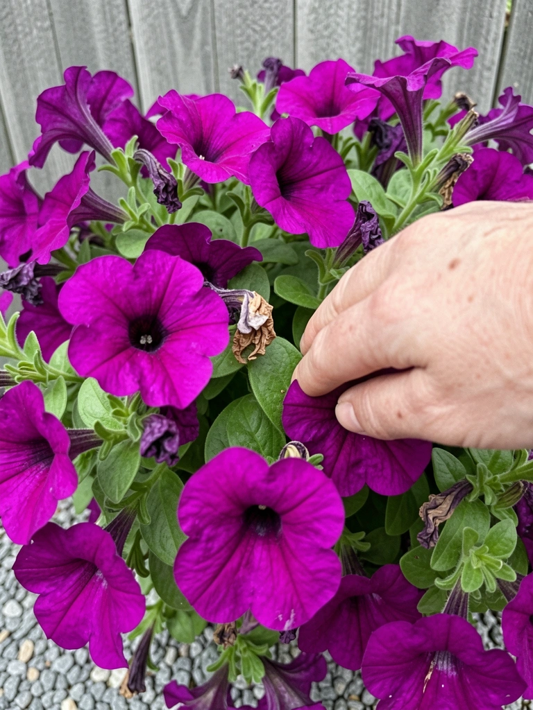 Mão segurando uma flor de petúnia murcha, com pétalas murchas e desbotadas.