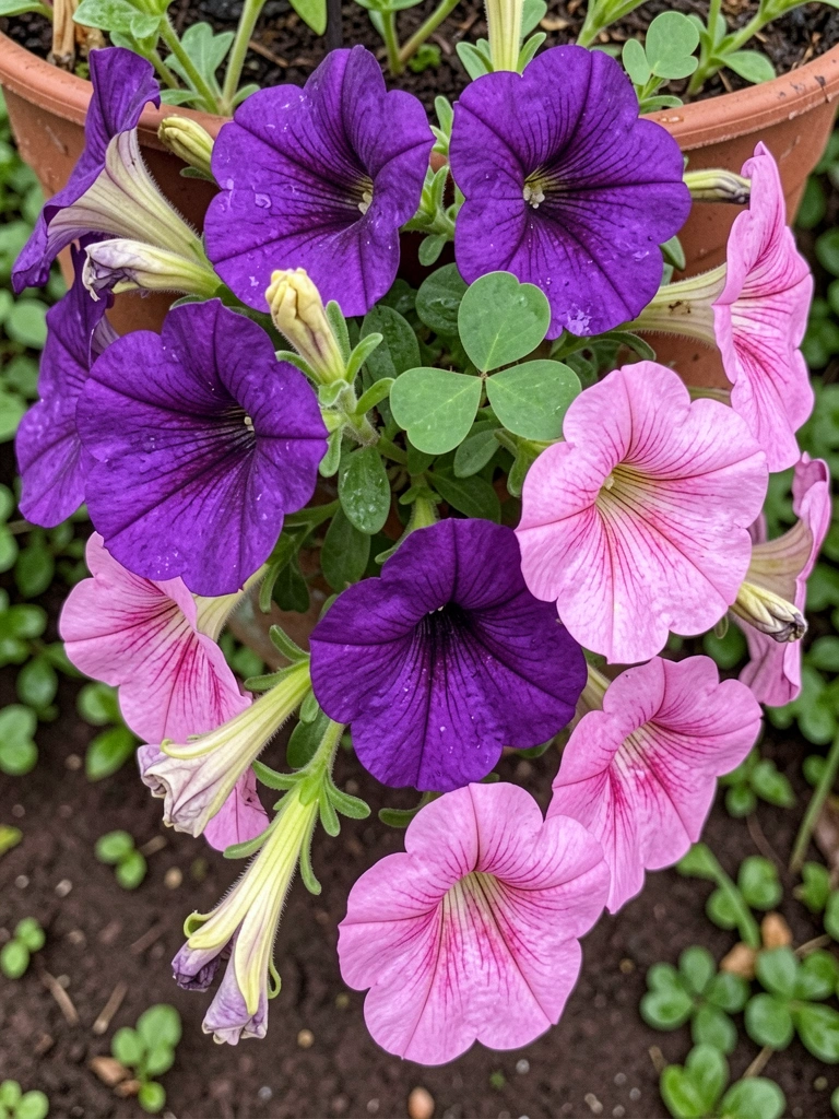 Vaso suspenso com petúnias pendentes em tons de roxo e rosa, contra fundo neutro.