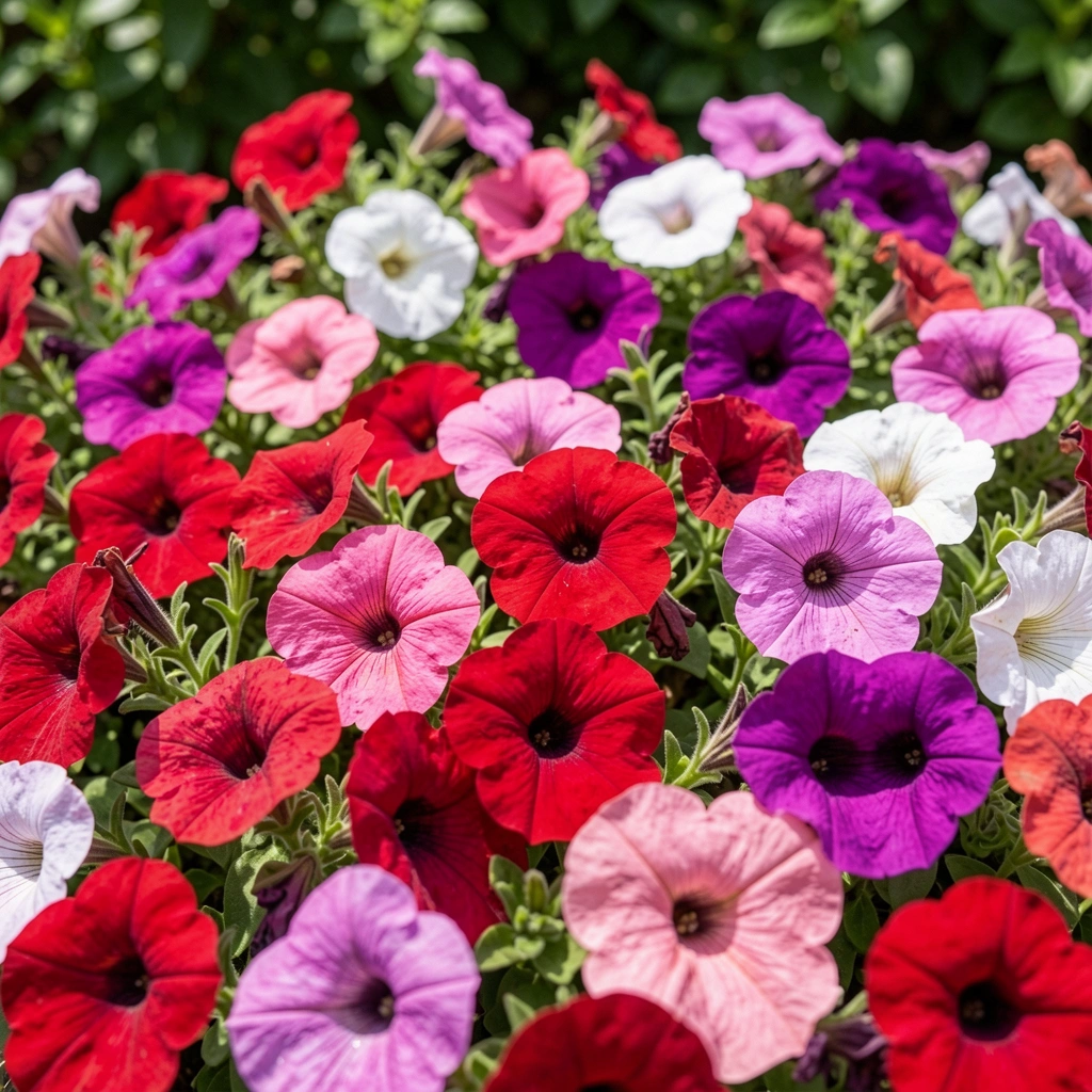 Canteiro de jardim com petúnias eretas vermelhas em flor.