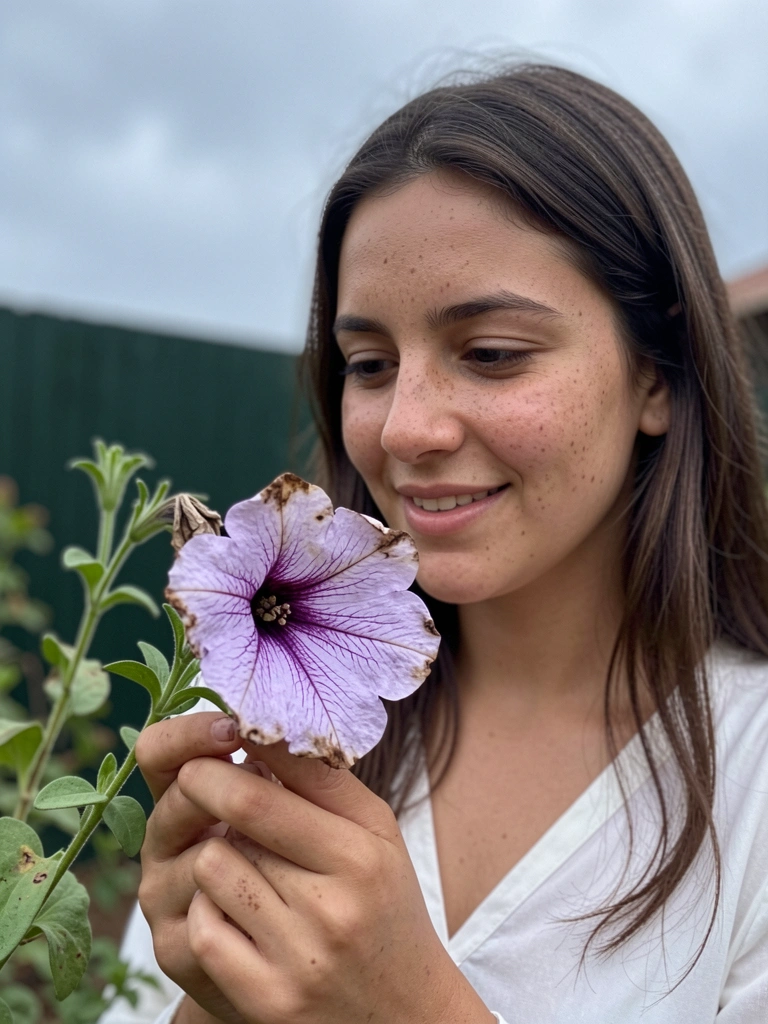 Mulher pensativa observa uma petúnia murcha em um vaso.