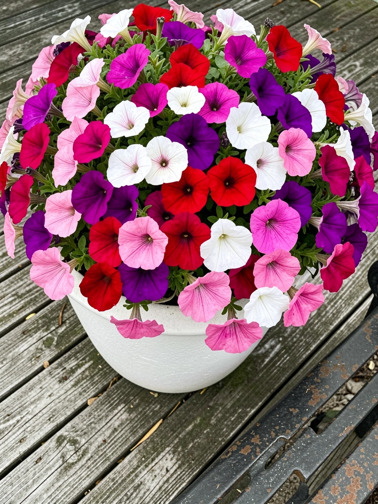 Petúnia com flores vibrantes em tons de rosa e roxo, folhas verdes saudáveis.