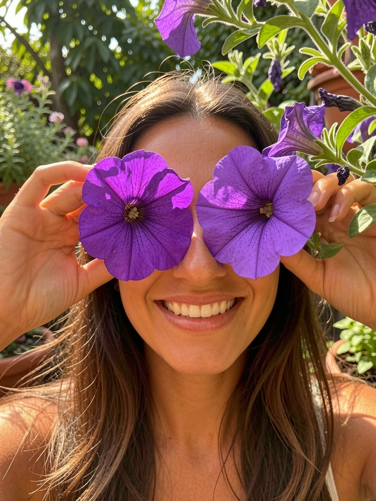 Mulher de pele morena cobrindo os olhos com petúnias roxas, fundo de jardim verde com luz solar filtrada.