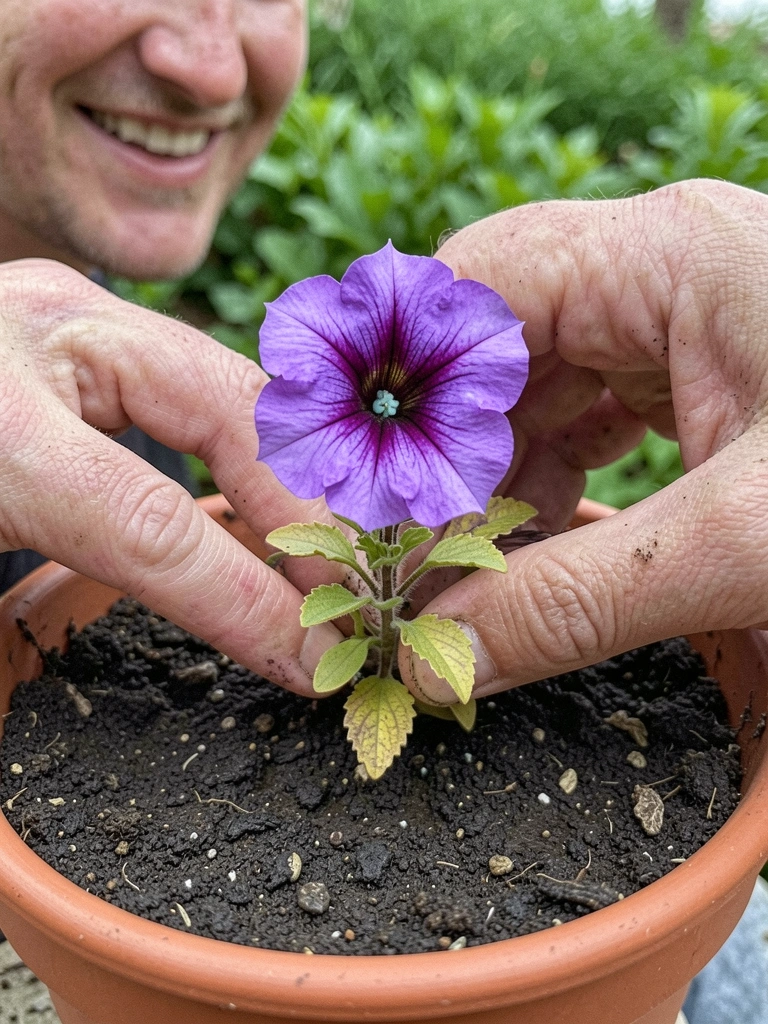 Mãos plantando muda de petúnia em vaso com terra