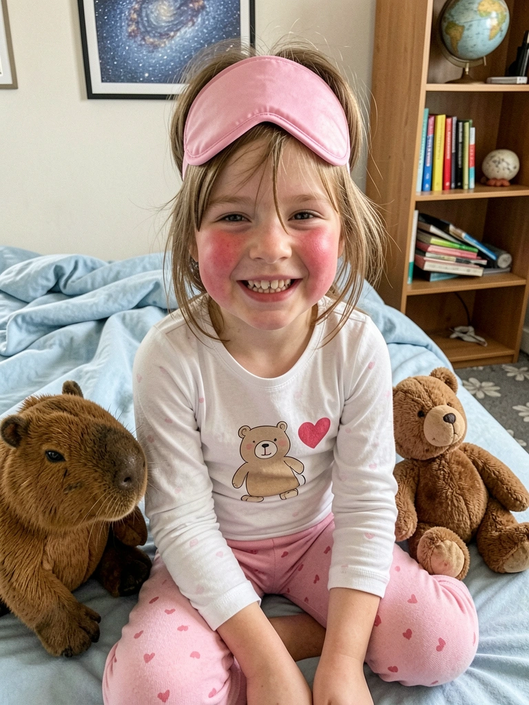 Menina deitada de bruços em cama com edredom branco, usando pijama infantil feminino de manga longa