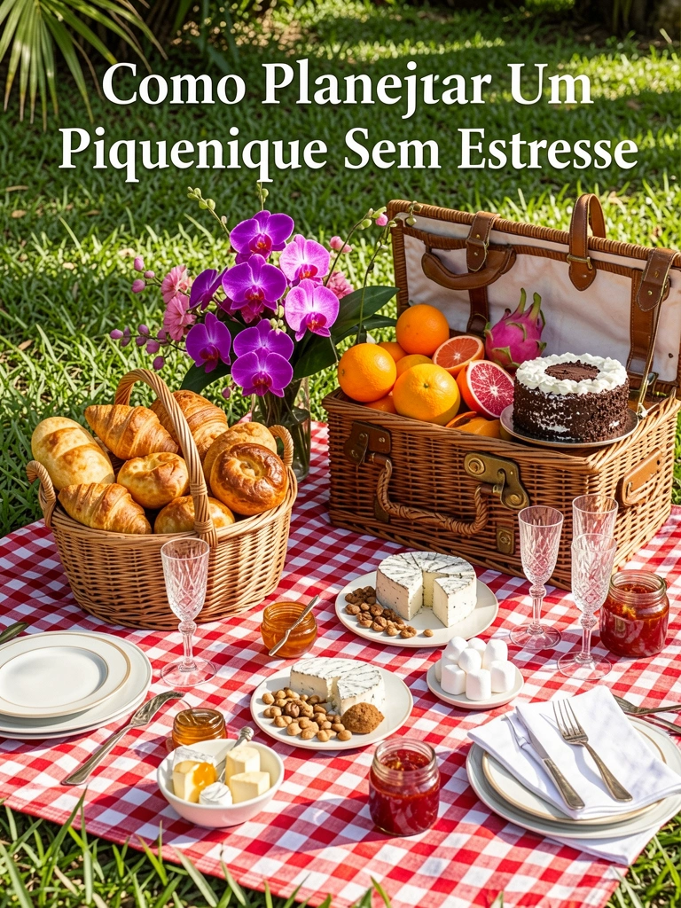 Cesta de vime com croissants, pão de queijo e brioches sobre manta xadrez vermelha e branca, ao lado de frutas tropicais, bolo com cobertura branca e flores roxas e rosadas, taças de vinho e queijos, luz natural do dia.