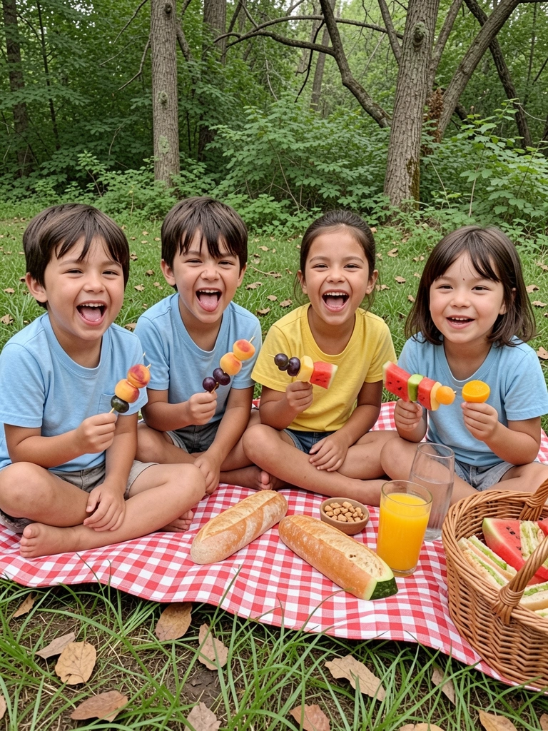 Cesta de vime com sanduíches, frutas variadas e garrafas de suco sobre gramado verde.