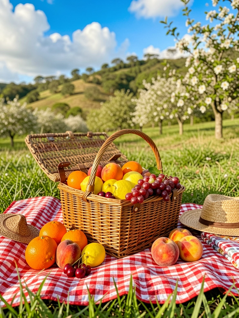 Cesta de vime com laranjas, limões, uvas vermelhas, cerejas e pêssegos sobre cobertor xadrez vermelho e branco na grama verde, com chapéu de palha e colina florida ao fundo.