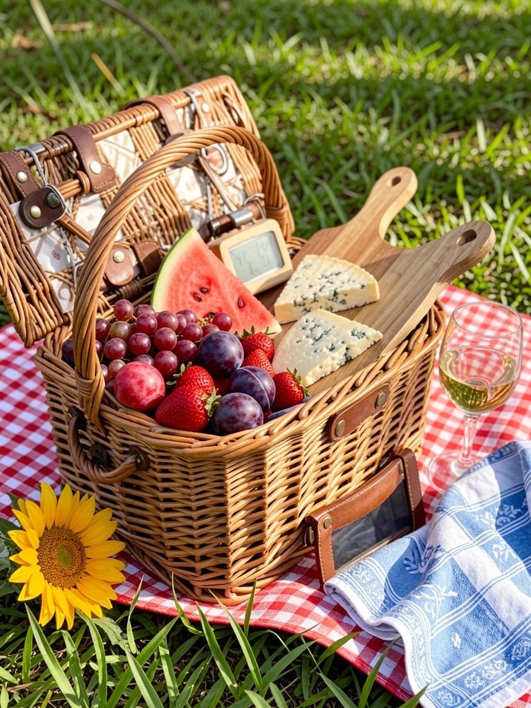 Cesta de piquenique de vime com frutas variadas, queijo azul, tábua de madeira e relógio digital sobre manta xadrez vermelha e branca na grama, com girassol e taça de vinho.