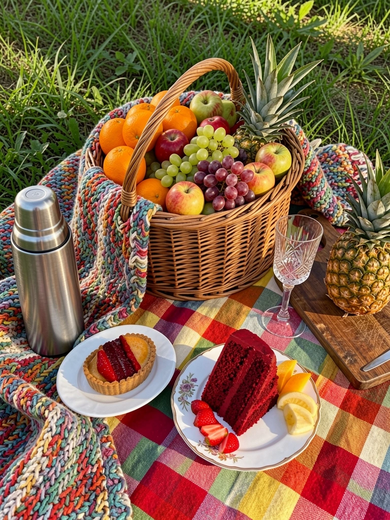 Cesta de vime com frutas e bolo sobre manta xadrez vermelha, luz natural suave e grama ao fundo.