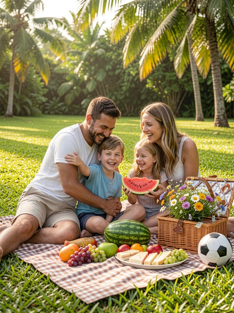 Família em piquenique em gramado verde: pai abraça filho sorrindo, mulher e menina comem melancia e uvas, cesta de vime com frutas e buquê sobre toalha xadrez, bola de futebol ao lado.